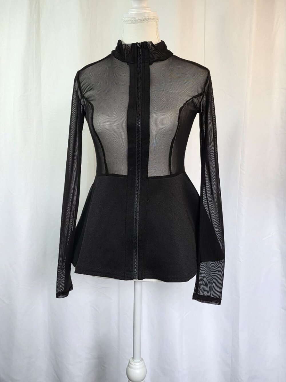 Revamped Size Small Black Mesh Zip Front Sheer Long Sleeves Flared Peplum Waist - Picture 2 of 9